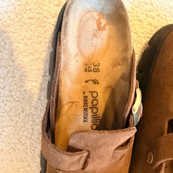 Papillio Brown Suede Mules with Gold Buckle - Picture 2 of 3